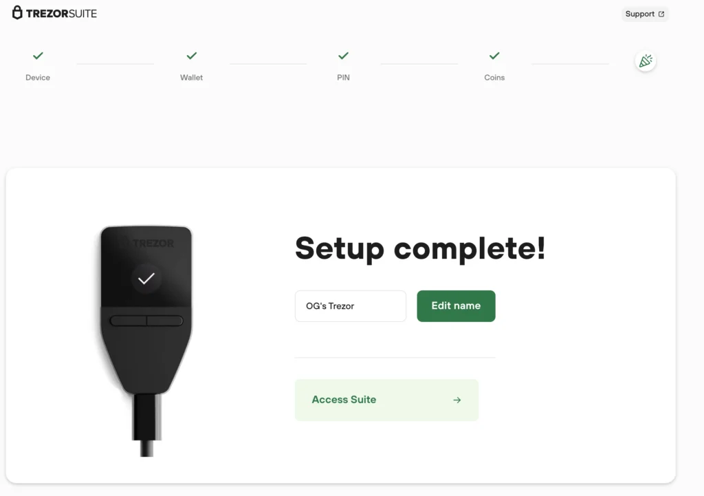 Competed setup on Trezor